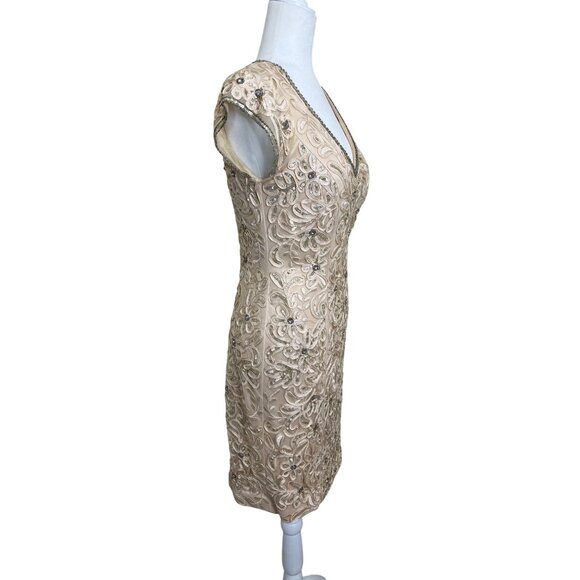 Sue Wong Nocturne Cocktail Dress Sequined Embroidered Cap Sleeve Champagne Sz 6 - Picture 2 of 8